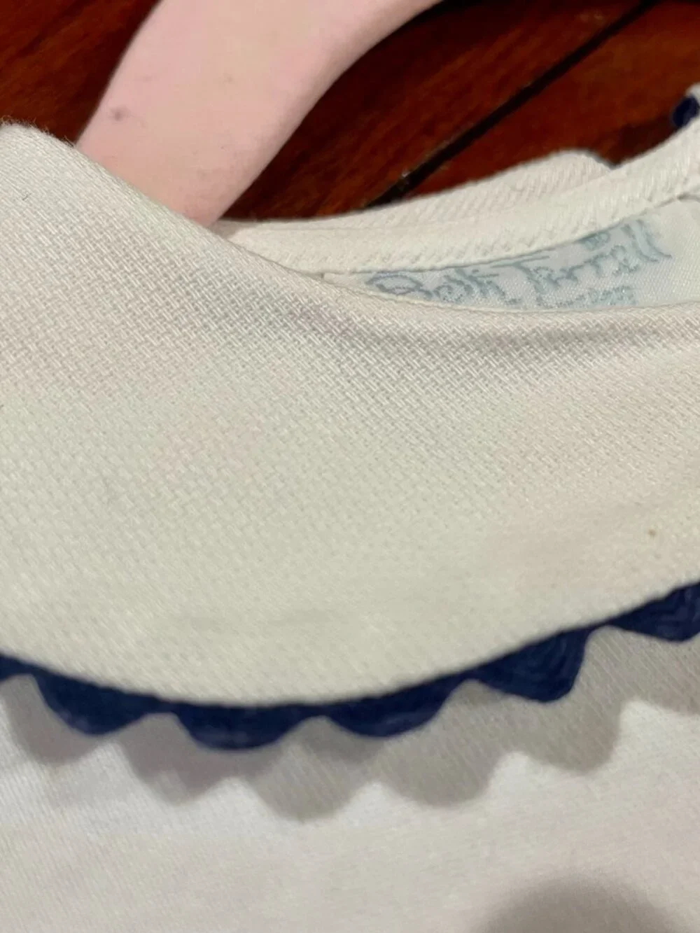 Girls White Peter Pan Collar shirt with Navy Ric Rac Trim - Sz 24 mo.